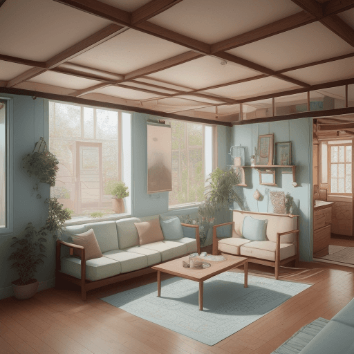 AI generated: High resolution photography interior design, square tiny home, dreamy sunken living room conversatio...