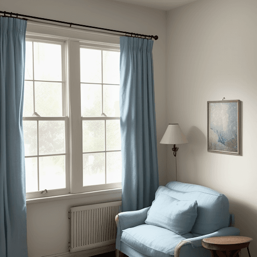 AI generated: A photo of blue linen curtains in the window, taken with an iPhone camera, showcases the curtain's s...