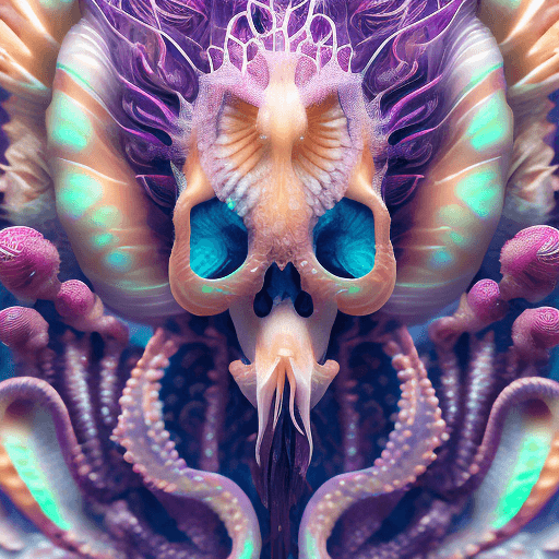 AI generated: Goddess close-up portrait ribcagel. jellyfish phoenix head, nautilus, orchid, skull, betta fish, bio...