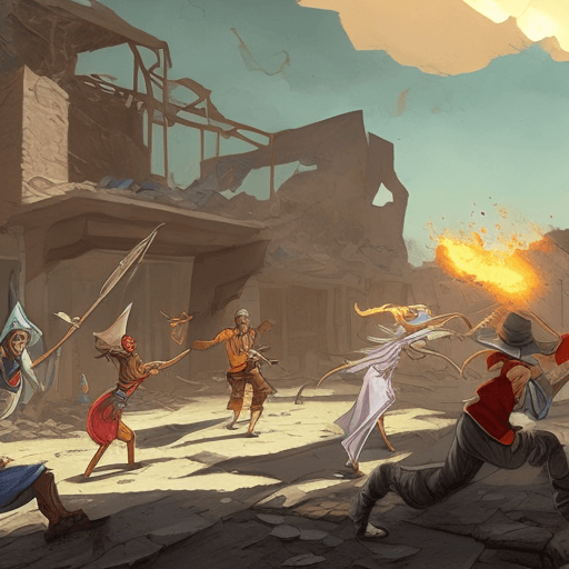 AI generated: a concept art with dutch angle shot of a group with a wizard, a witch, a little fairy healing a came...