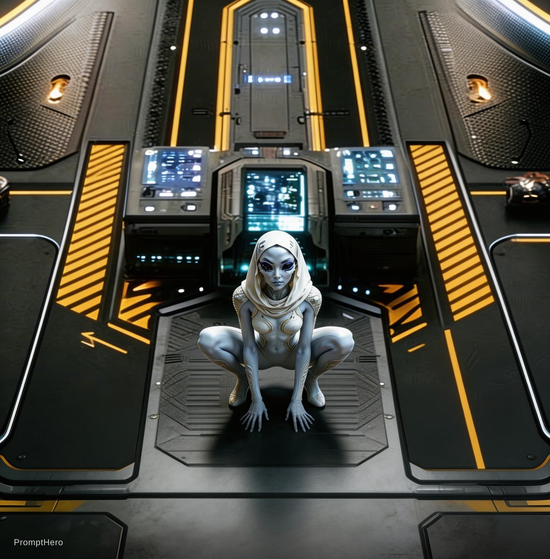 AI generated: Sci-Fi Cinematic Scene. Decrease the character's size by 50%. Show the character in reference image ...