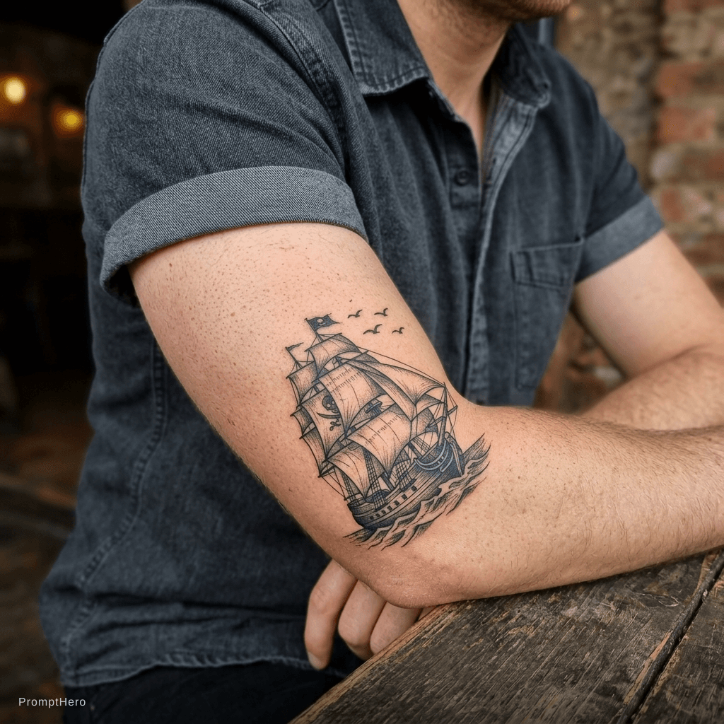 AI generated: Pirate ship and seagulls 