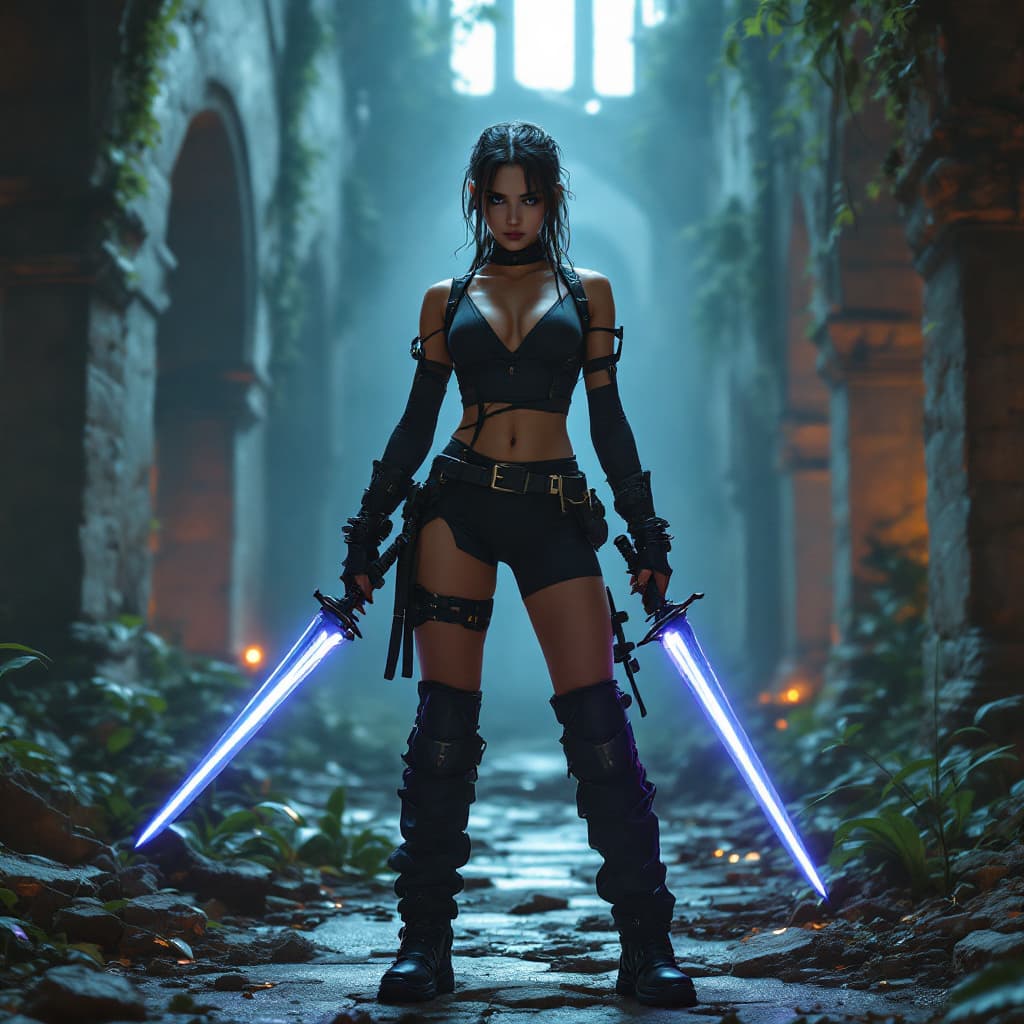 AI generated: A smart, sporty young woman in cyberpunk style stands in a dilapidated monastery. She wears tight-fi...