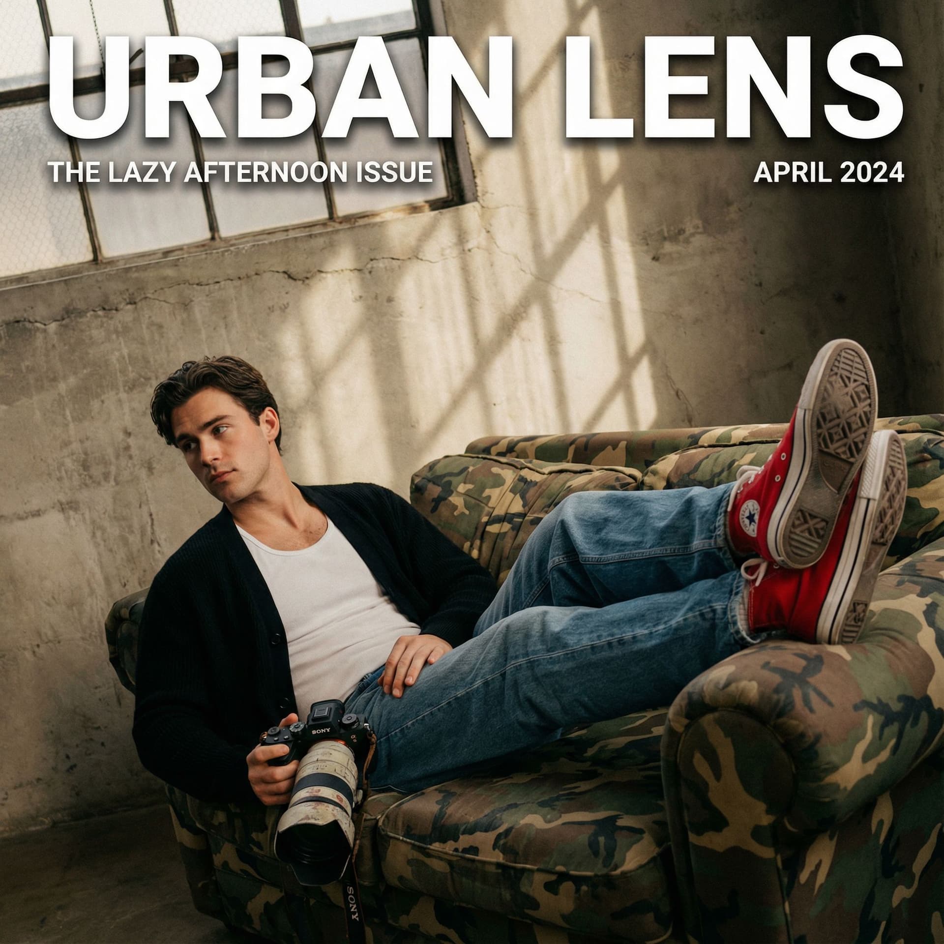 AI generated: photography, magazine cover, tilt shot, male model lounging on a worn camouflage sofa, casually dres...