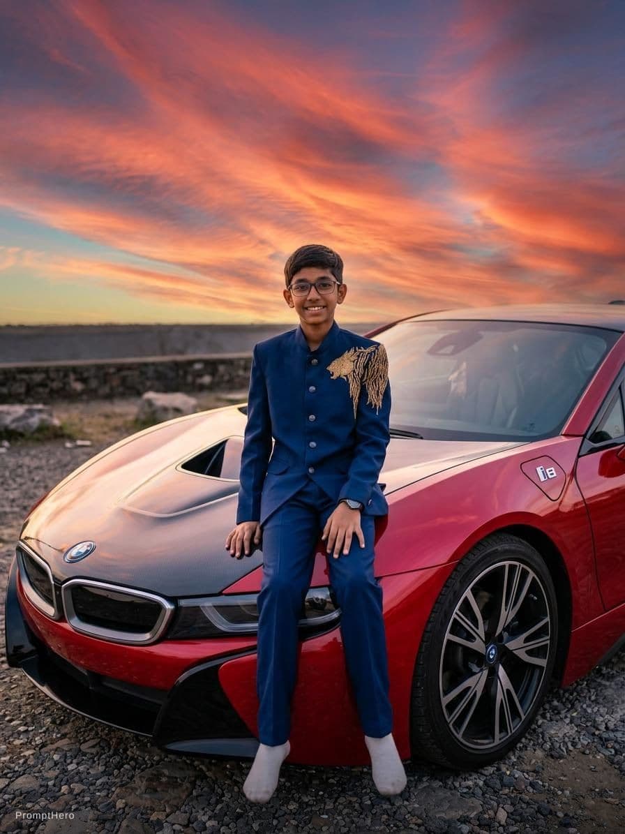 AI generated: I wante the boy site on the BMW I8 car bonnet.the car is red color.the nice sun set wante background...
