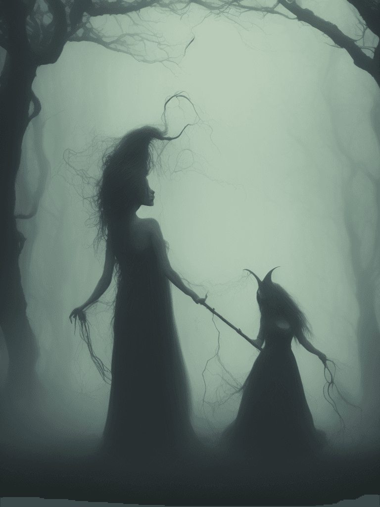 AI generated: witch in mist, Realistic, Hauntingly beautiful, feerie lighting, wispy tendrils, etherial, Highly de...