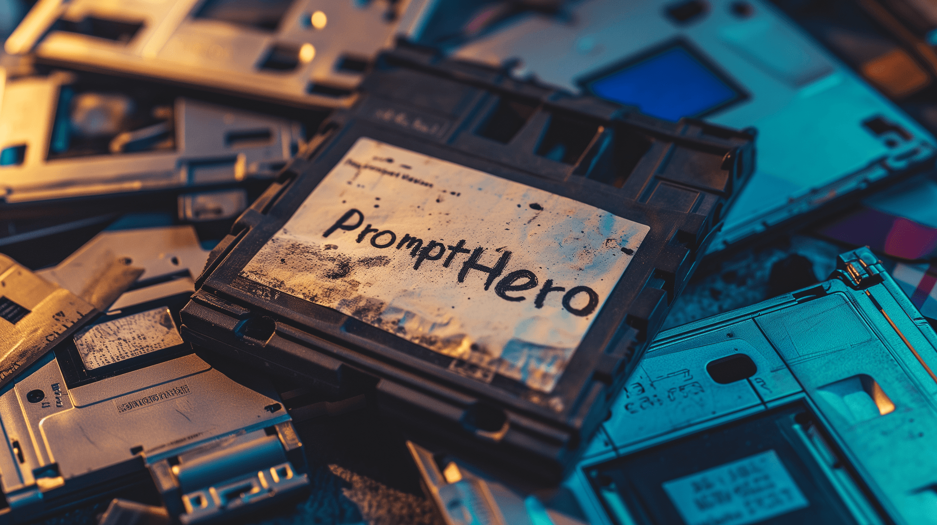 AI generated: an old floppy disk that says "PromptHero" written in marker --style raw --s 80 --ar 16:9 --v 6.0