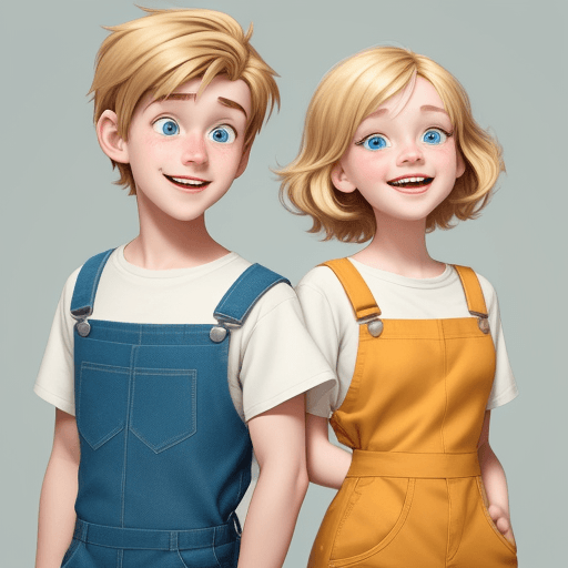AI generated: Cartoon boy and girl in a Pixar style, The girl should have neck-length blonde hair, anf the boy has...