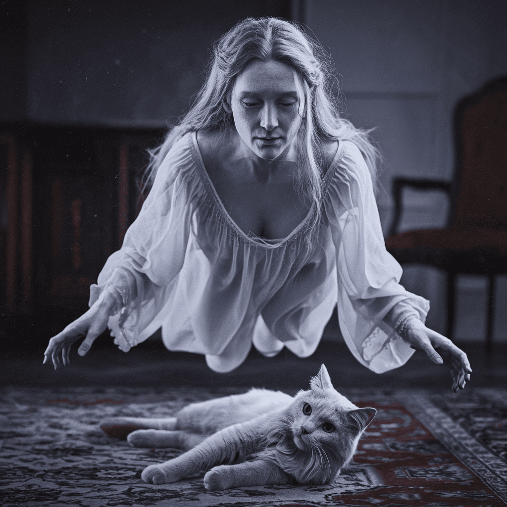 AI generated: High resolution of a woman ghost, she has nothing on and its floting avobe a cat
