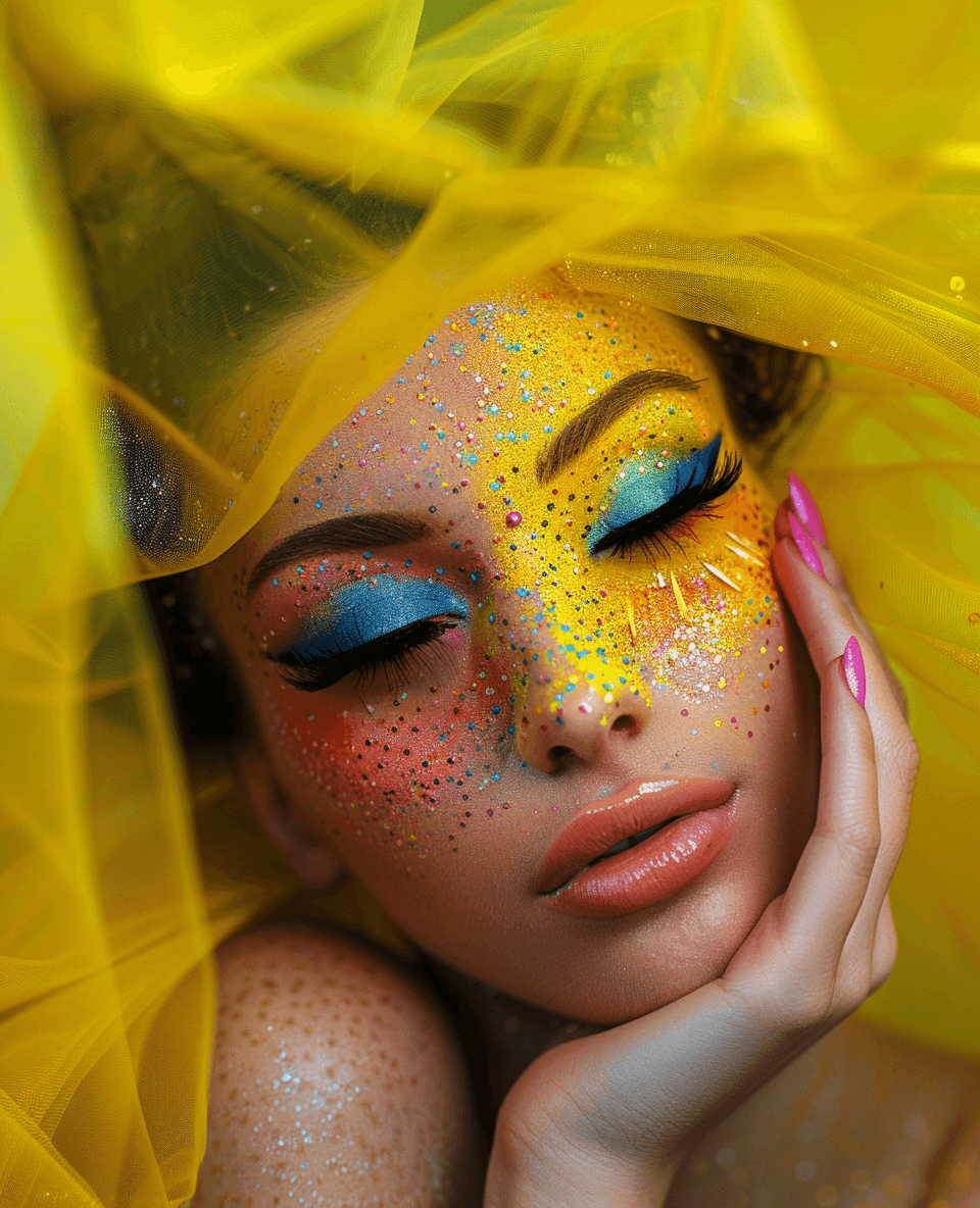 AI generated: a beautiful woman in colorful makeup posing for a photograph, in the style of prismatic portraits, y...