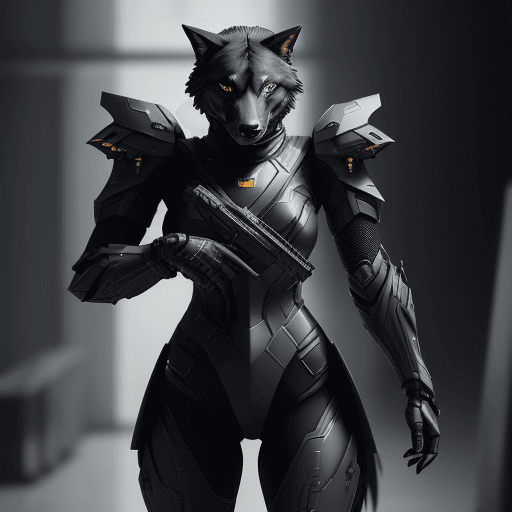 AI generated: Agile black wolf soldier character, anthropomorphic figure, wearing futuristic soldier armor and wea...