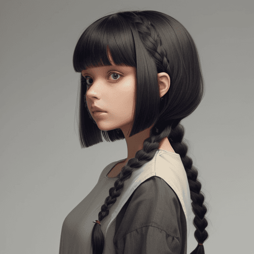 AI generated: girl with one side of her hair a long braid other side a bob, she has bangs and is ling erie

