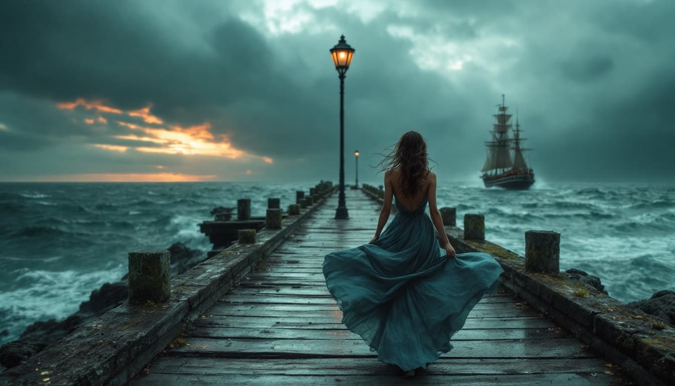 AI generated: Woman with dress blowing, on Old pier, stormy  day, looks the big boat  sailing ,cinematic,deep fiel...