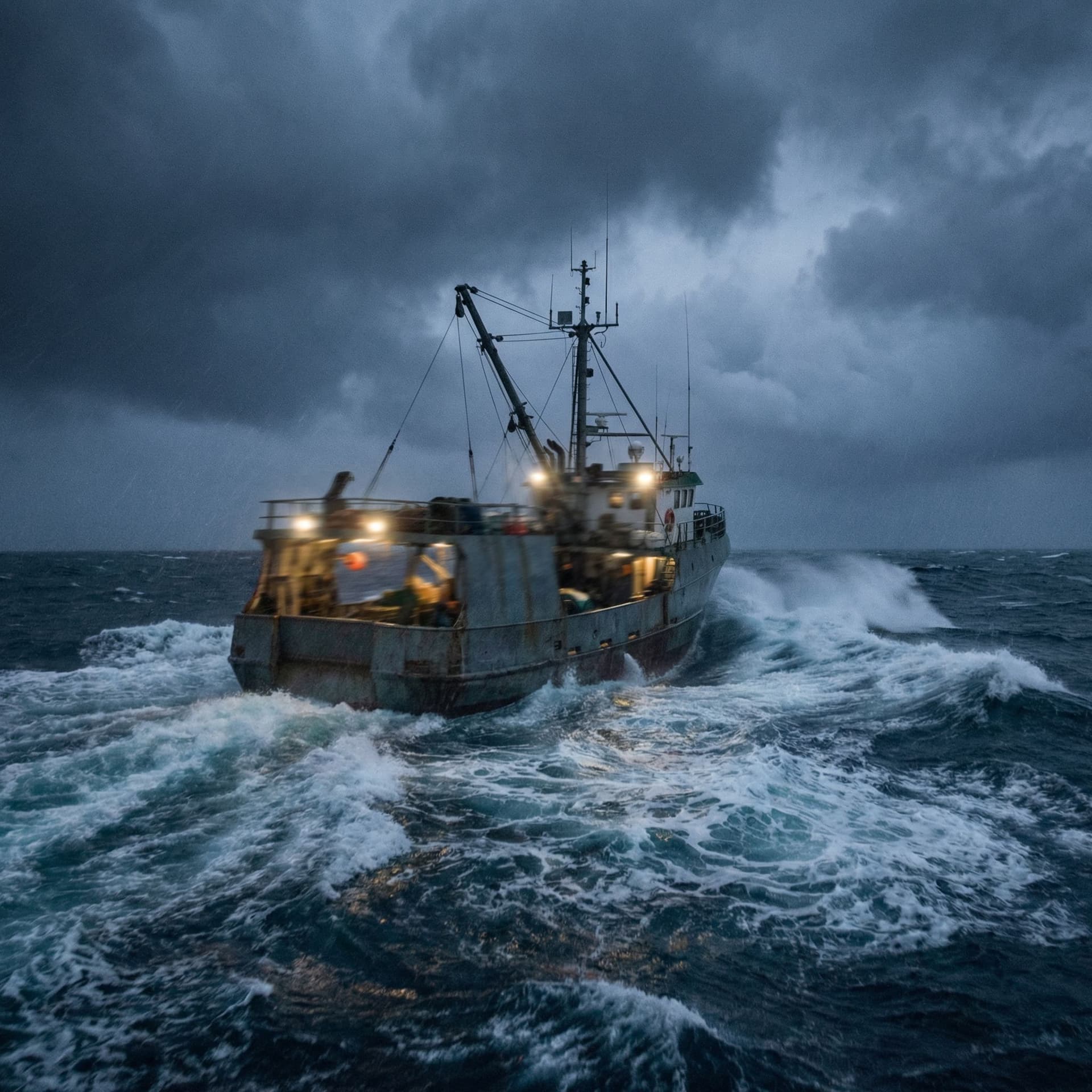 AI generated: A ship rawling through the Storms Waves of the pacific