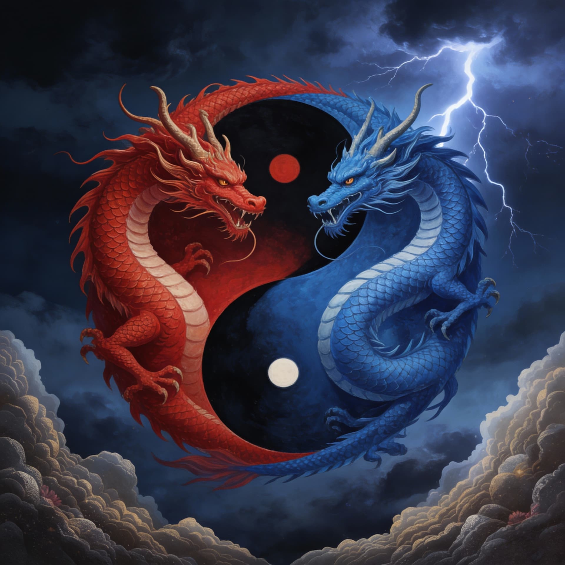 AI generated: Red dragon and blue dragon in Yin and Yang under the stormy night sky by Richard Worthington, Jr. ,i...