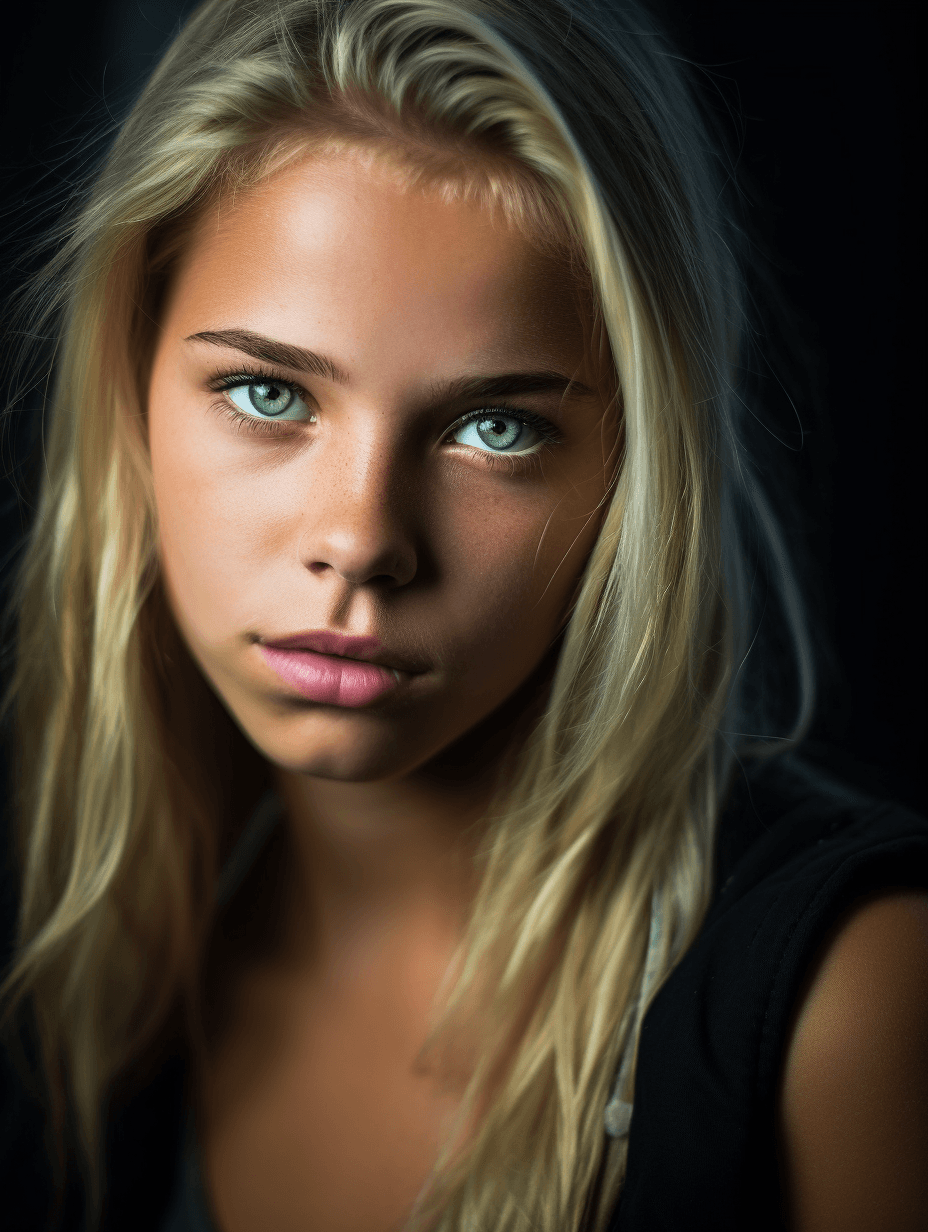 AI generated: Intense, high - contrast portrait of a mature blonde teenager with a striking gaze that commands you...
