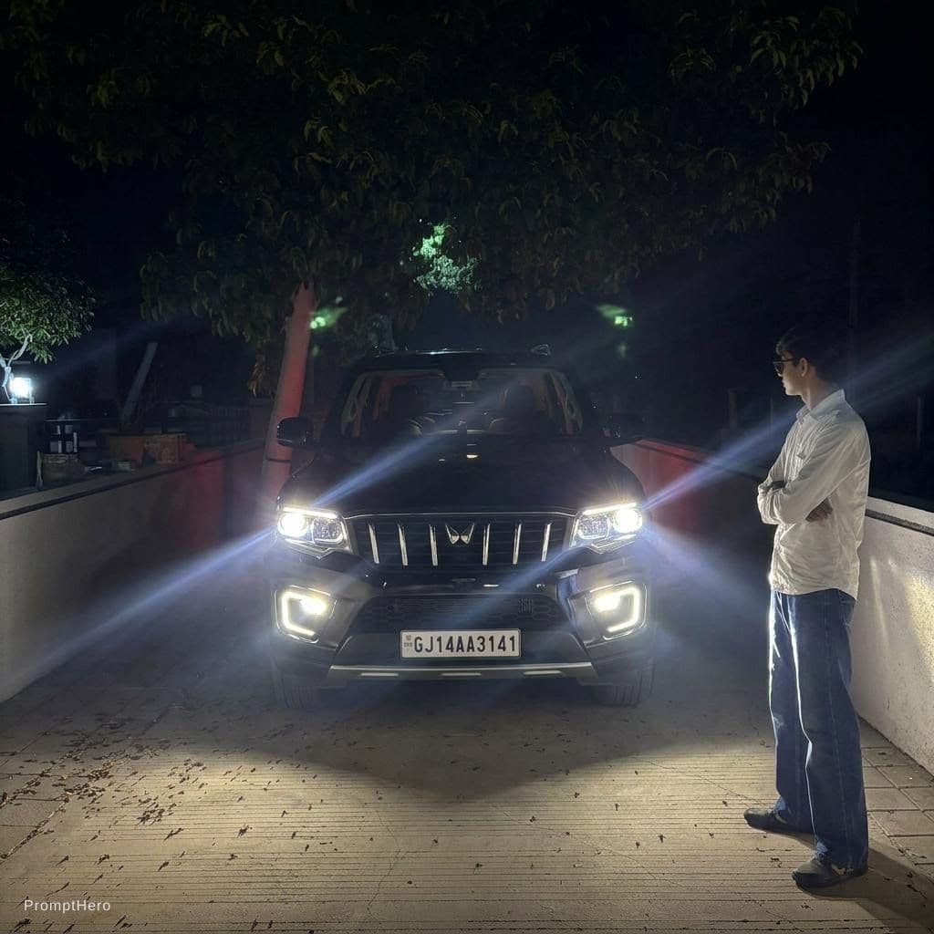 AI generated: Replace white car with black "scorpio N"