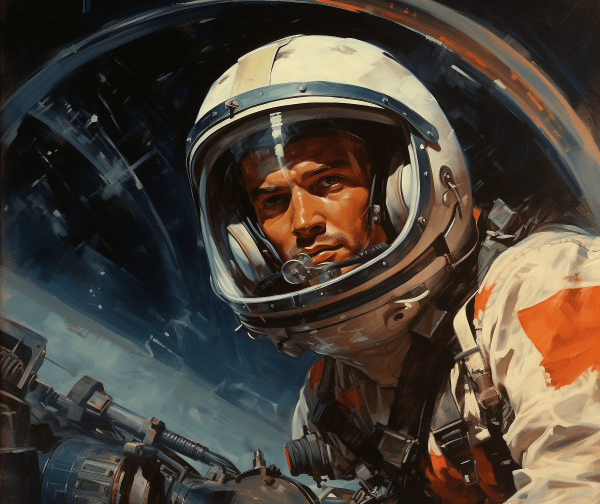 AI generated: A vintage pulp cover of an astronaut, in the style of John Berkey. --ar 19:16 --style raw --v 5.2