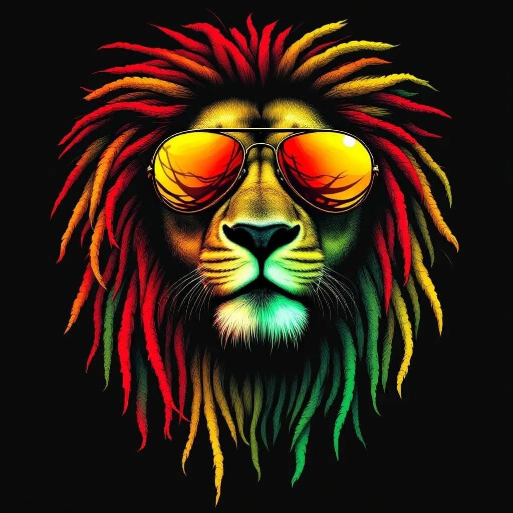 AI generated: This image is a vibrant, digitally created artwork featuring a stylized lion's face. The lion's mane...