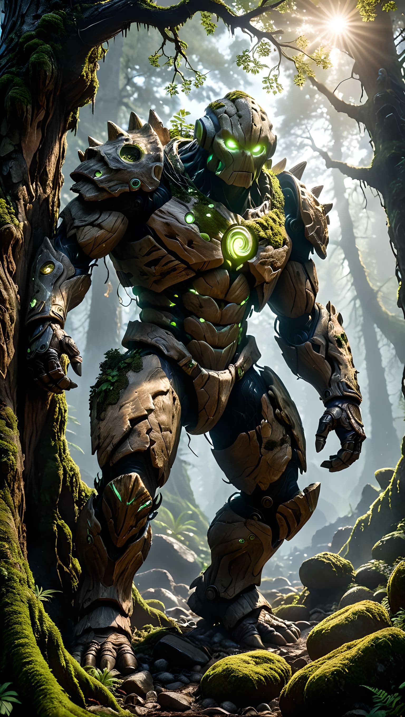 AI generated: Massive golem-like monster formed from gnarled ancient tree bark and calcified root structures, limb...