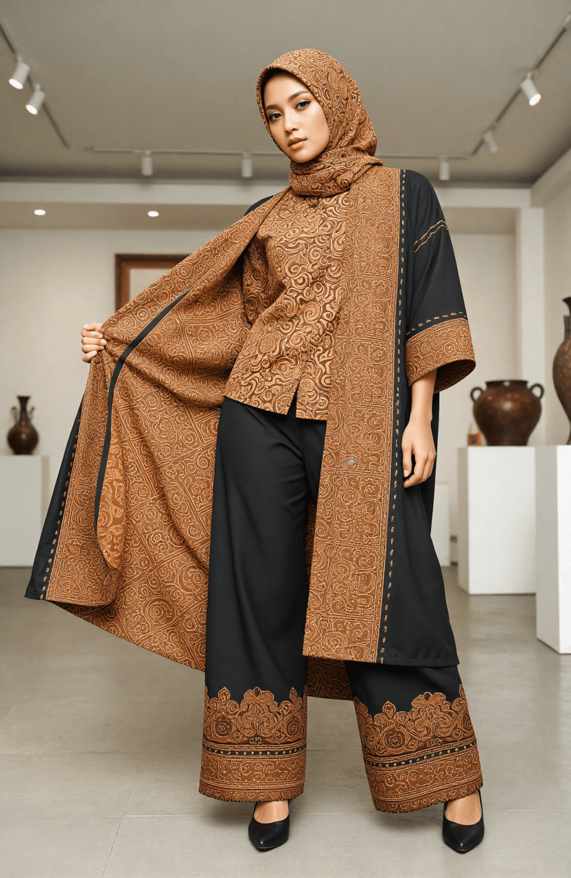 AI generated: An Indonesian model, 30 years old models Indonesian fashion in the Contemporary Art Museum in Jakart...