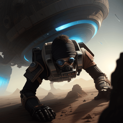 AI generated: A space pirate crawling desperately on exoplanet surface, extreme haze, spectacle dust 