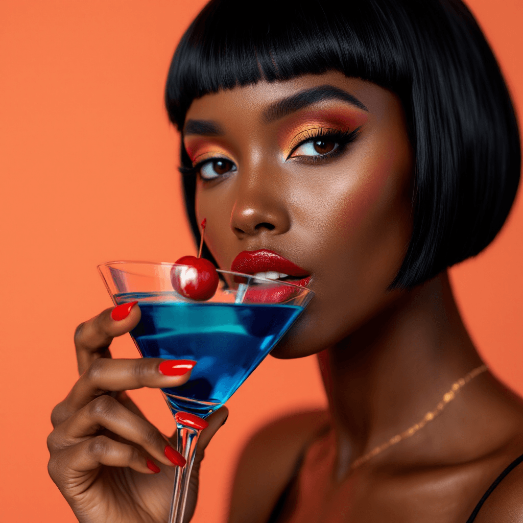 AI generated: CLOSE UP PORTRAIT , WOMAN AGE 30, VENUZUALIAN STUNNING BEAUTY, SHARP BOBCUT BLACK HAIR, RED LIPSTICK...
