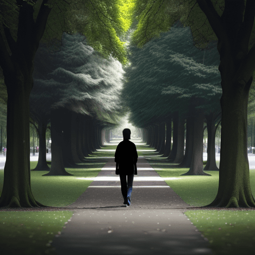 AI generated: High resolution photography of a person walking in a park and half the image is missing one side bec...