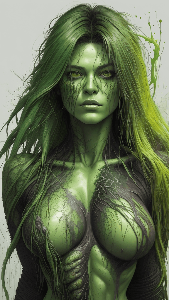 AI generated: Art by Carne Griffiths,  She-Hulk(green skin), perfect face, perfect body, Knitting clothes, perfect...