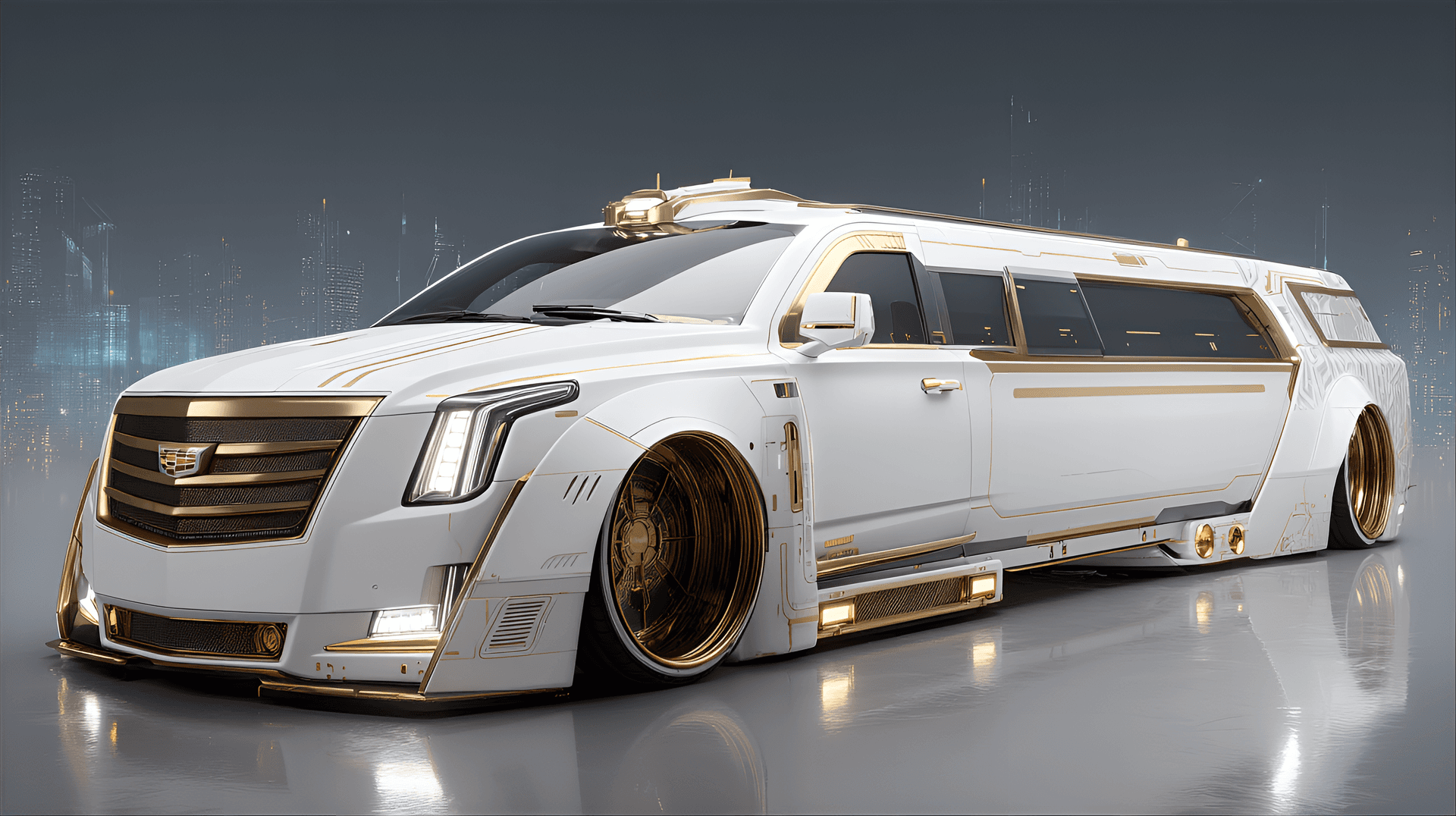 AI generated: A custom white limousine, heavily modified with gold accents,  detailed,  futuristic,  low-slung,  e...