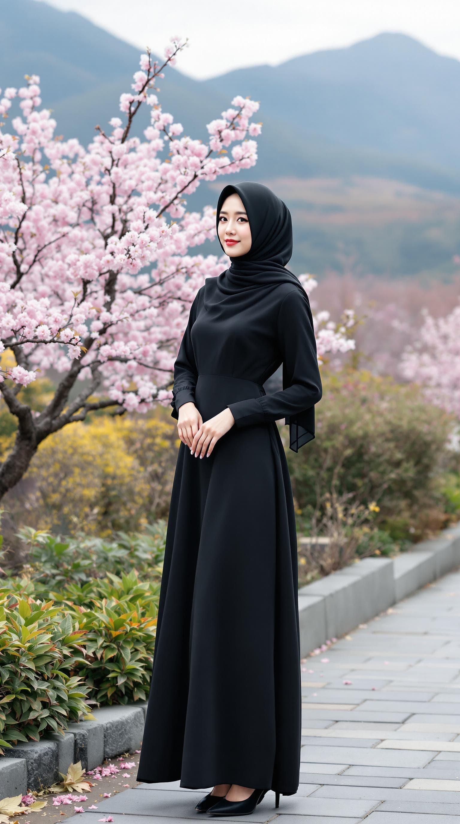 AI generated: a girl, Korean woman, korean ulzzang face, in a dress clothes, wear a black hijab and beautiful long...