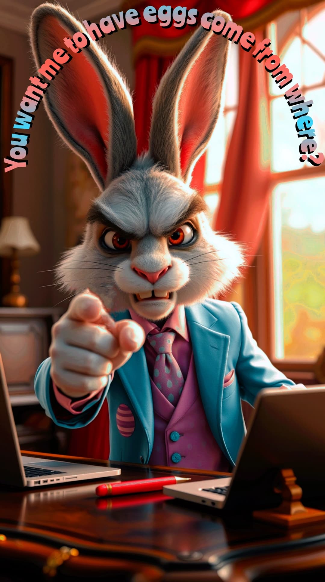 AI generated: A 3D, pixar style animated image of an all white fur, brown four patch around left eye, middle -aged...