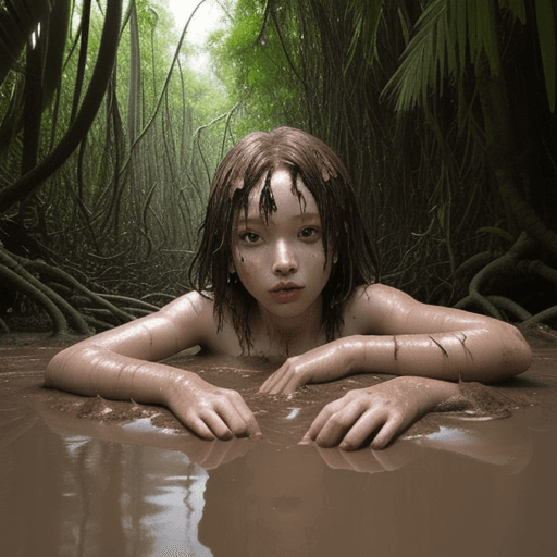 AI generated: Jungle girl, particly submerged in quicksand, sinking in mud, anime, 