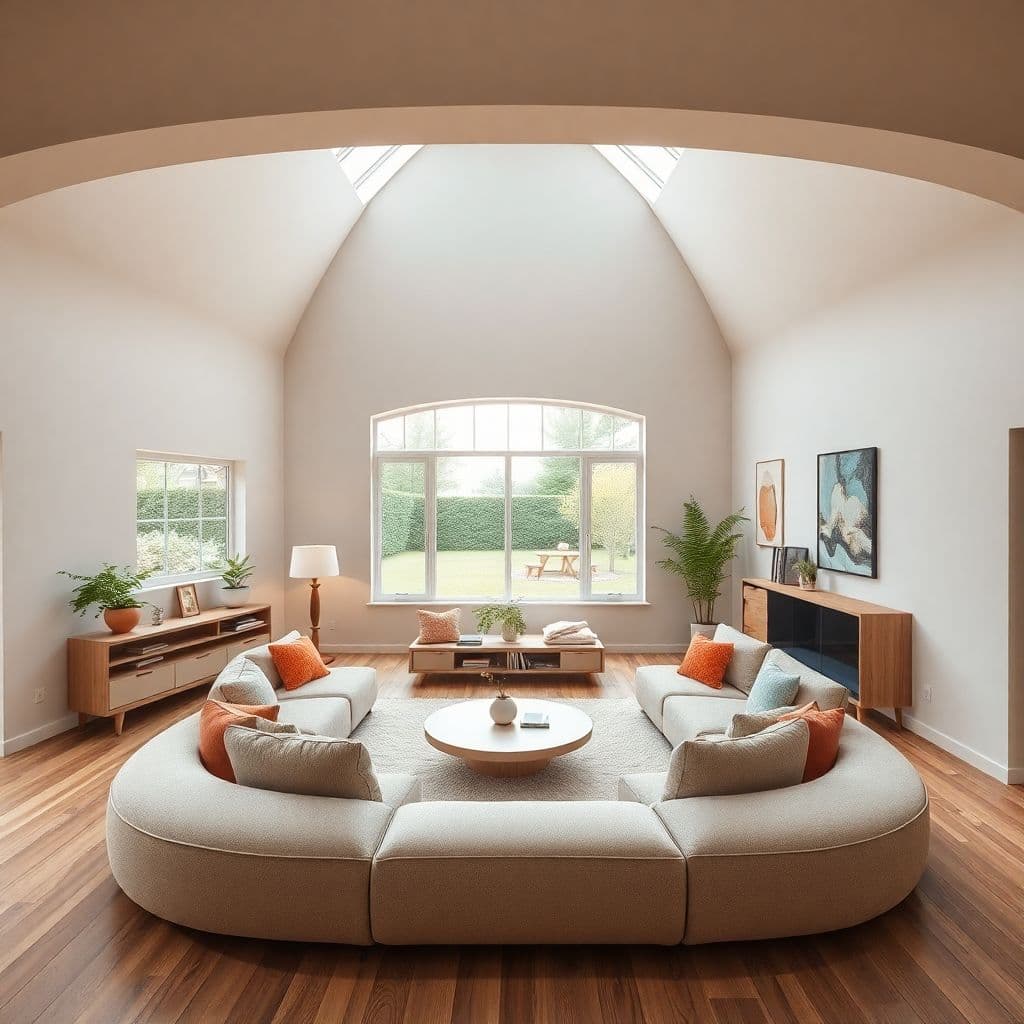 AI generated: High resolution photography interior design, dreamy sunken living room conversation pit, wooden floo...