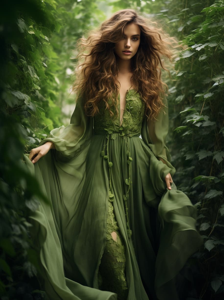 AI generated: fashion photo of extremely beautiful 18 years old long hair woman, made of trees , dressed in green ...