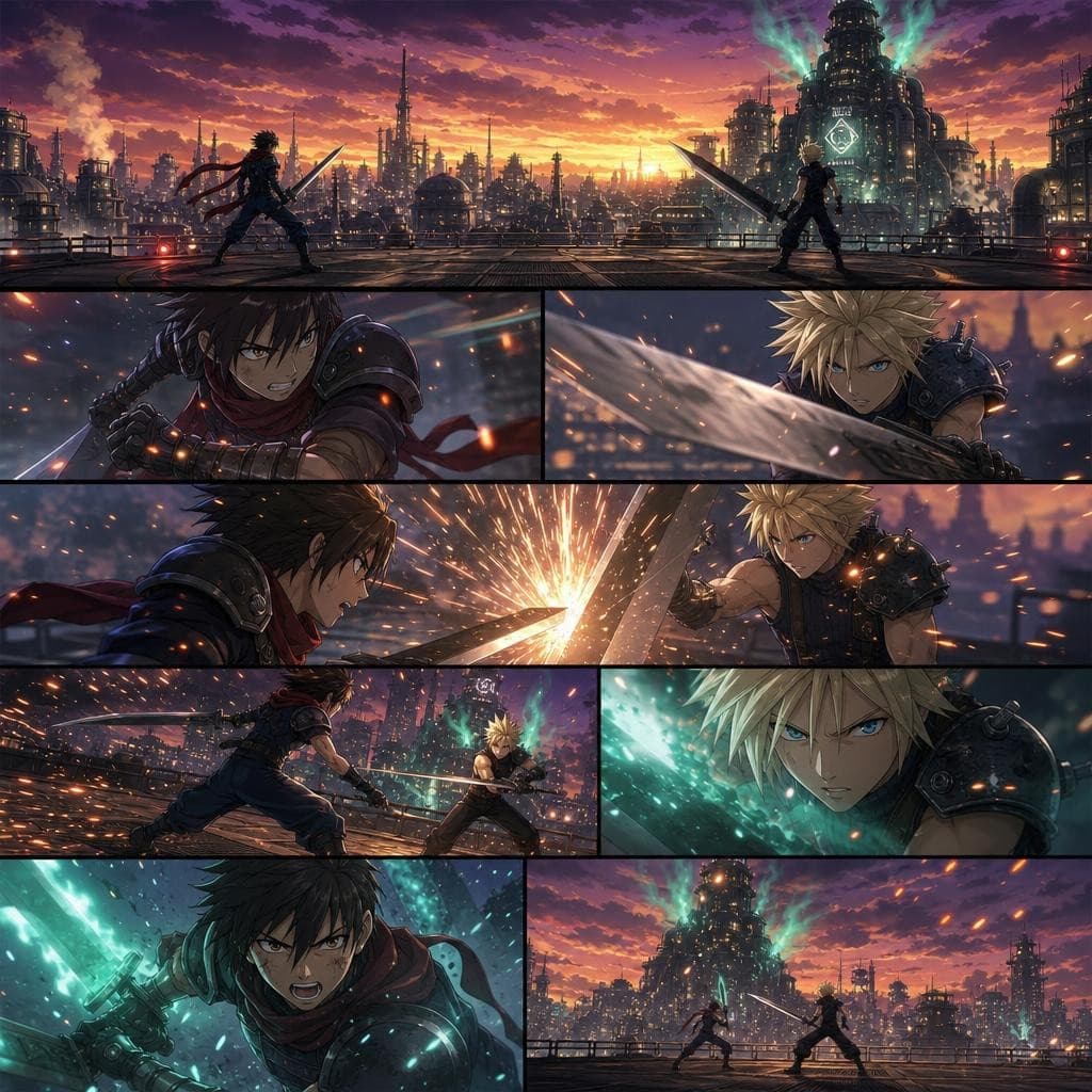 AI generated: Una intensa batalla de espadas contra Cloud Strife de Final Fantasy VII: un joven guerrero se enfren...