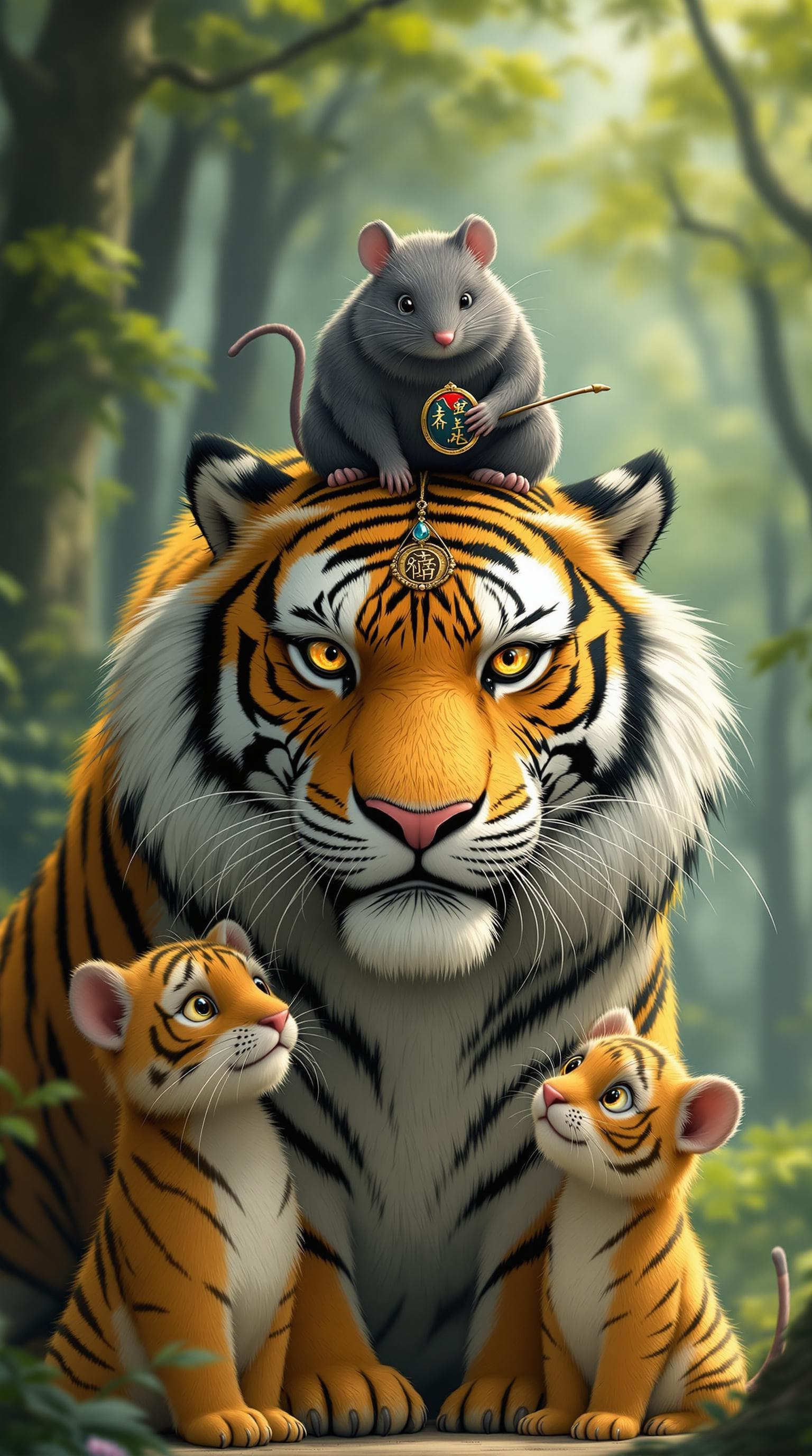 AI generated: a tiger and two tiger cubs, and a oversized mouse ,with a mouse on the tiger's head, the mouse holdi...