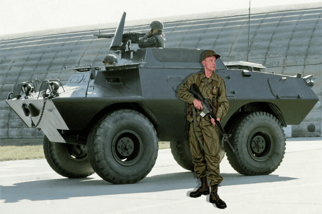 AI generated: A soldier with a rifle standing outside of a tank.