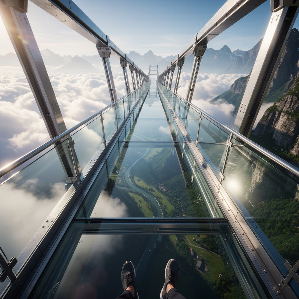 AI generated: First-person perspective (POV) or high-angle shot of a stunning, realistic glass bridge corridor sus...