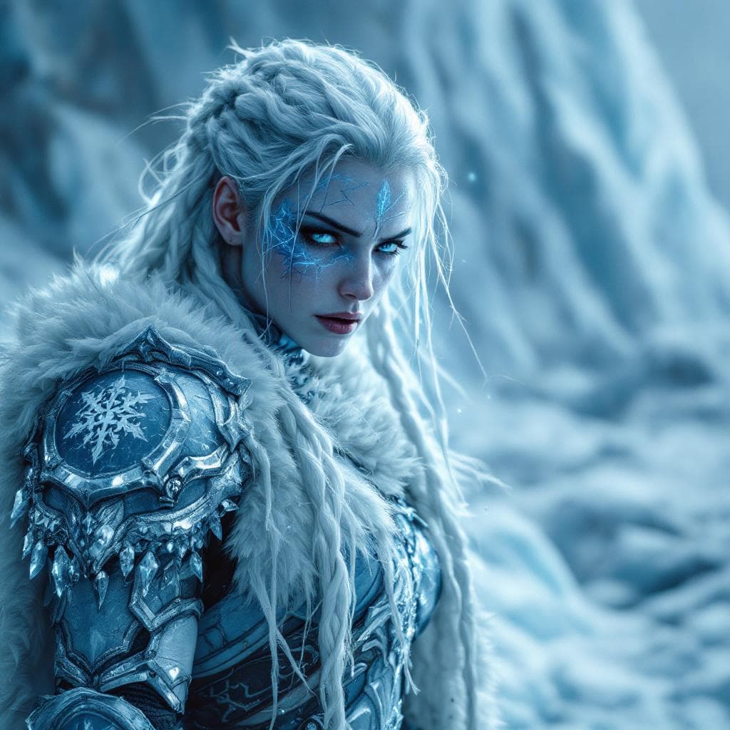 AI generated: A cinematic digital artwork featuring a resilient ice warrior in a resolute yet weary pose, battle-h...