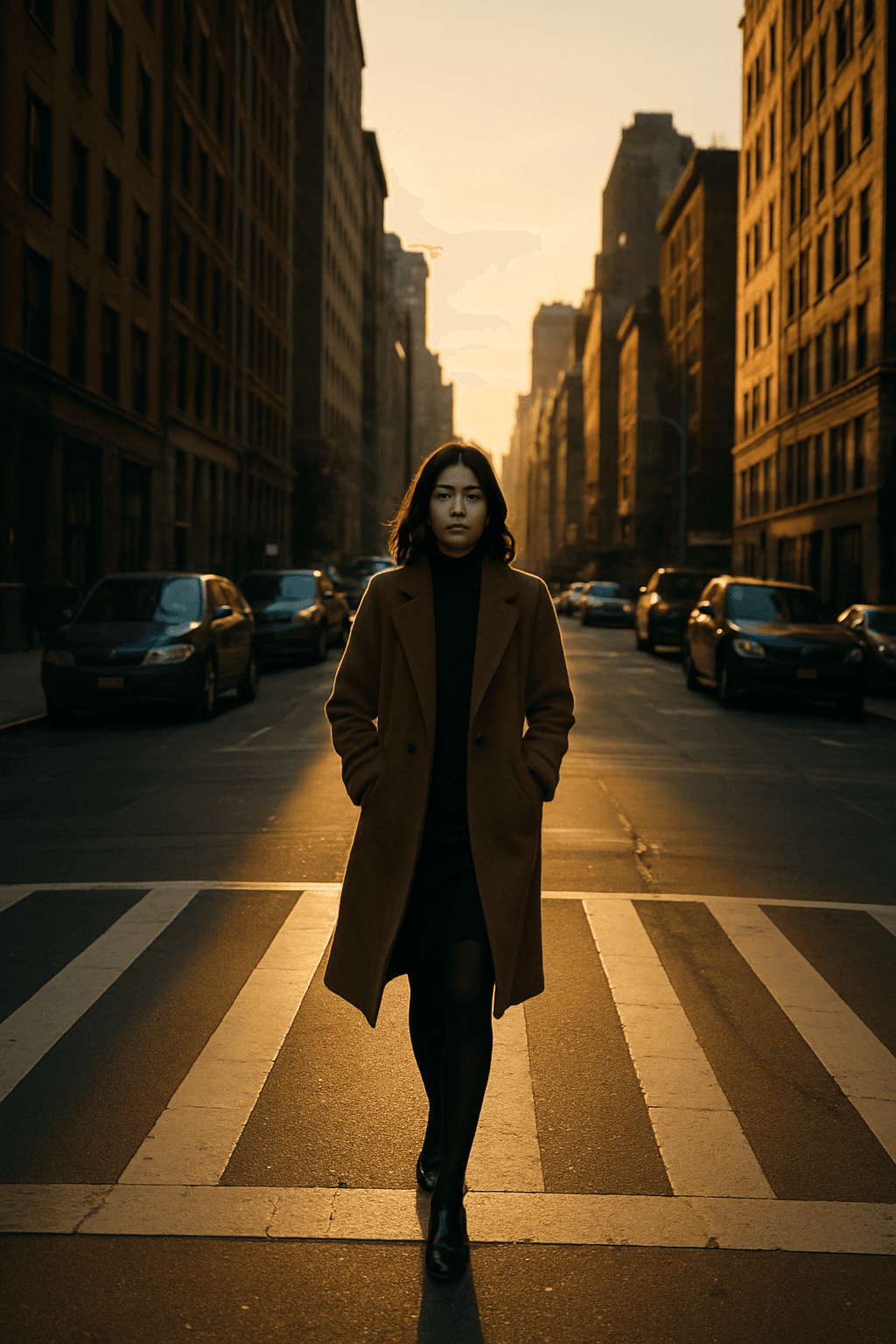 AI generated: A lady walking down a street in New York, there are buildings either side and a few cars in the back...