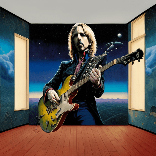 AI generated: Surrealistic painting of Tom Petty at a room on top of the world, near the heavens. Include an audie...