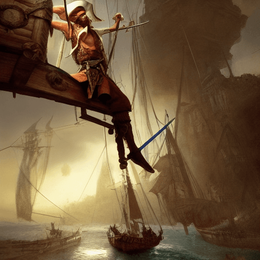 AI generated: an old pirate man doing acrobatics, fighting on a boat  video game,  epic fantasy, art by ,  Marc Si...