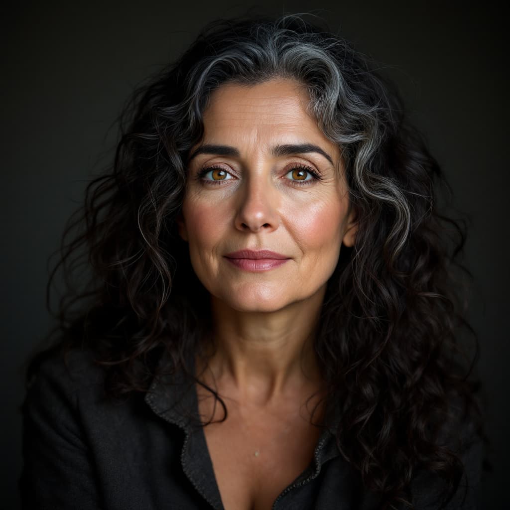 AI generated: Realistic studio photo of a 43 year-old woman, Jewish features mature, Soft wrinkles around the eyes...