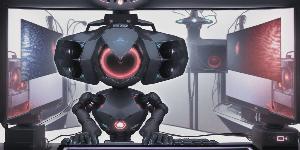 AI generated: In the background there are personal computers, keyboards, monitor, different pc components. In the ...