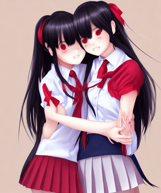 AI generated: 2girls, classroom, by kaisen chuui, red ribbon, white collar shirt, pleated skirt, eyes, bangs, emot...