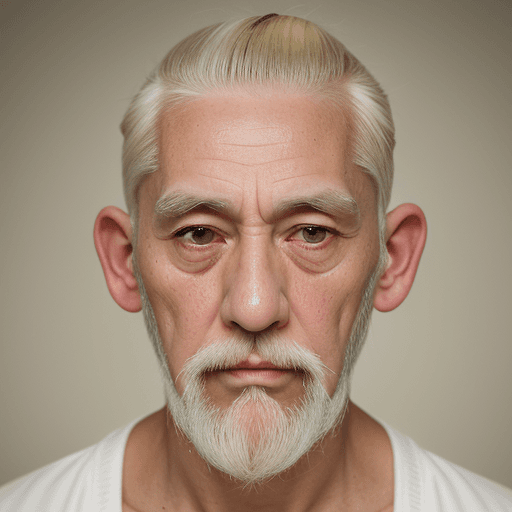 AI generated: An old man, with white skin, a top knot as haircut, blond hair, hooked nose, thin almond eyes, upwar...