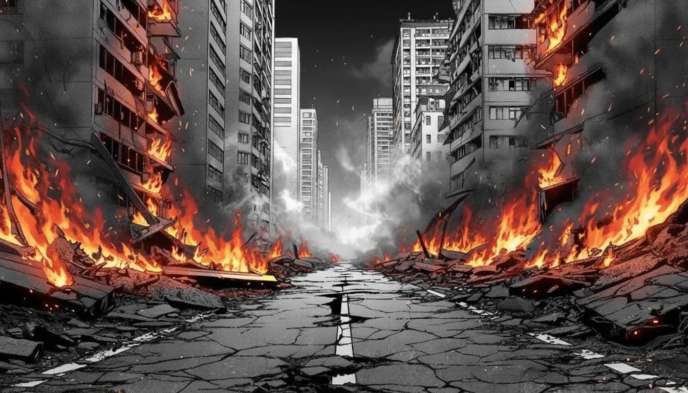AI generated: Black and white manga-style background of a destroyed city at night during an intense battle. The ca...