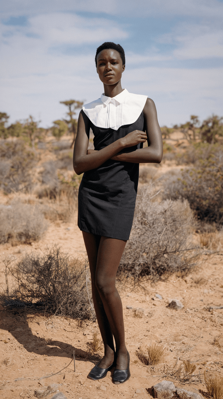 AI generated: In the style of William Klein, thin and black African 30 years old woman wearing prada style white c...