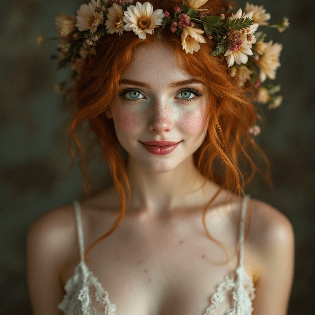 AI generated: Beautiful redheaded woman with expressive green eyes, pale skin and abundant freckles. She has a flo...